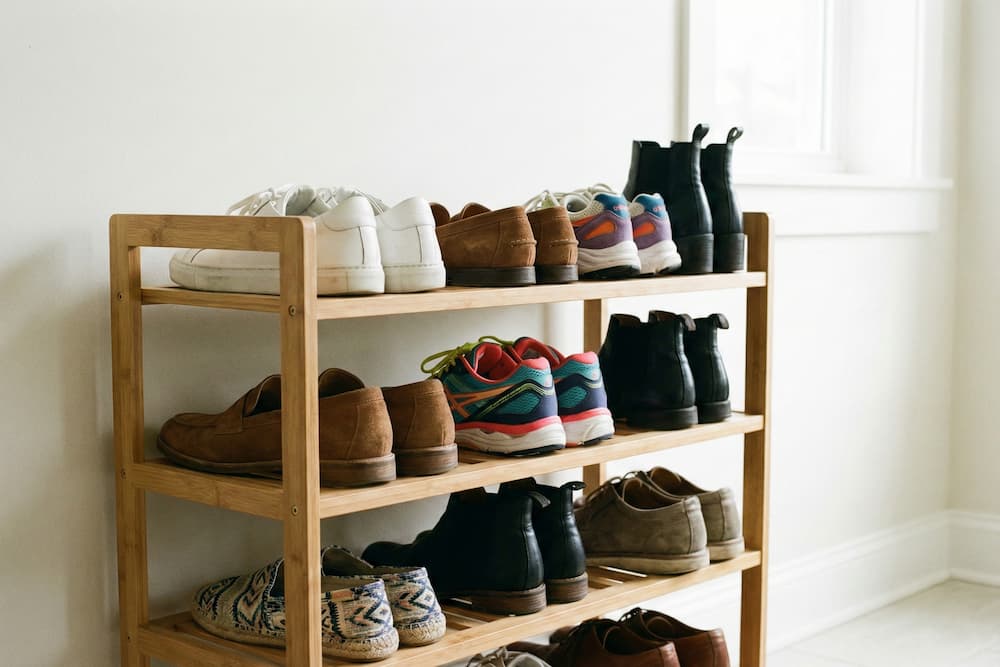 Et billede af en lys træ-skoreol fyldt med et varieret udvalg af fodtøj, herunder hvide sneakers, farverige løbesko, brune loafers og sorte støvler. Opstillingen illustrerer vigtigheden af at have forskellige typer sko at skifte imellem for at variere belastningen på fødderne.