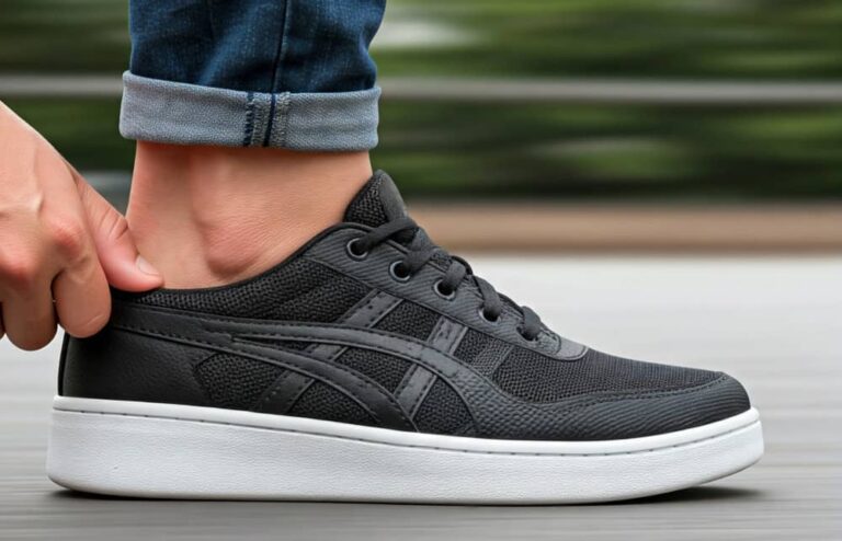 En person iført opsmøgede jeans tager sorte sneakers med hvide såler på, mens han står udendørs på en glat overflade med en sløret grøn baggrund.