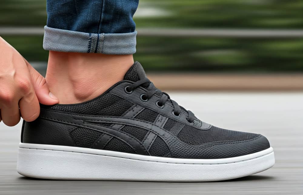 En person iført opsmøgede jeans tager sorte sneakers med hvide såler på, mens han står udendørs på en glat overflade med en sløret grøn baggrund.
