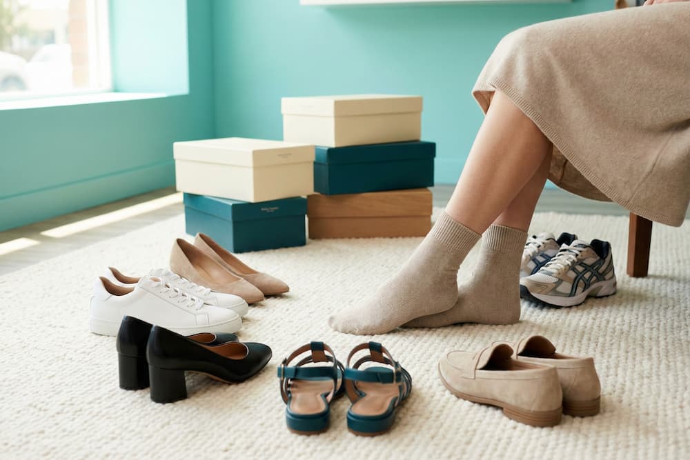 Et billede i lav vinkel af en person, der sidder på en stol iført beige sokker, omgivet af forskellige skotyper på et lyst tæppe. Udvalget inkluderer hvide sneakers, sorte hæle, sandaler og loafers, mens stabler af skoæsker ses i baggrunden, hvilket illustrerer processen med at prøve og vælge det rette fodtøj for optimal pasform.