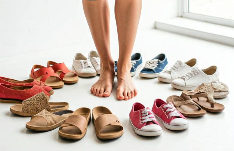 En person står barfodet på et hvidt gulv, omgivet af forskellige par sko, herunder sandaler, sneakers og klipklappere, arrangeret i en halvcirkel.