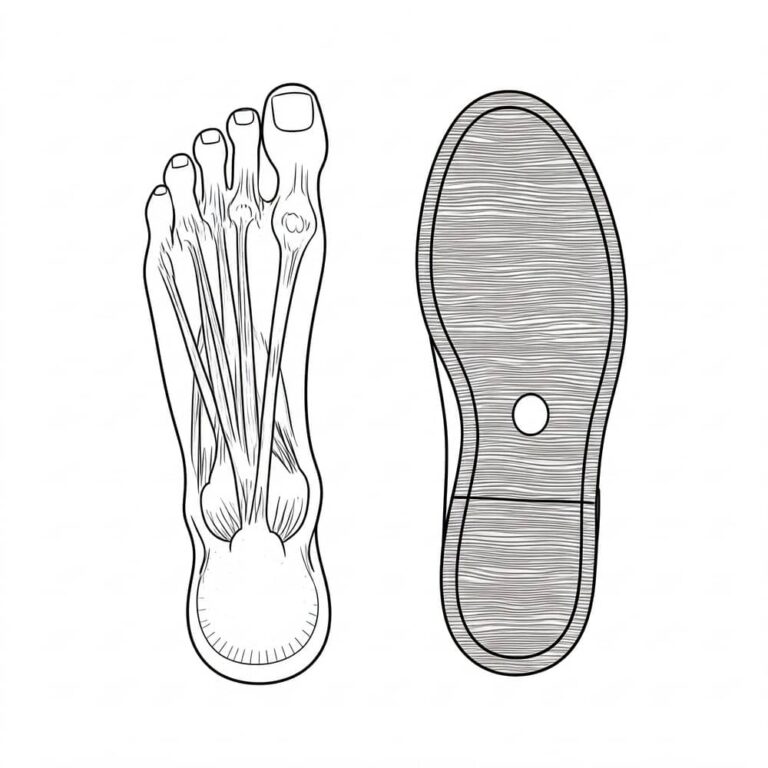 Sort-hvid illustration af et menneskeligt fodskelet ved siden af omridset af en skosål, begge set ovenfra.