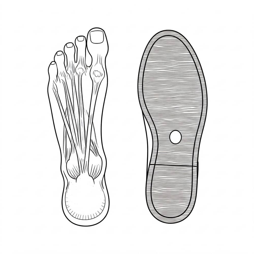 Sort-hvid illustration af et menneskeligt fodskelet ved siden af omridset af en skosål, begge set ovenfra.