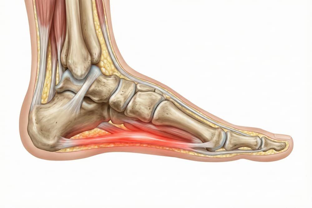 En anatomisk illustration af foden set i profil, der fremhæver plantar fascia-senerne under svangen. Et rødt, glødende område under hælen og langs svangen visualiserer inflammation, hvilket hjælper med at forstå kilden til smerter ved tilstanden plantar fasciitis.